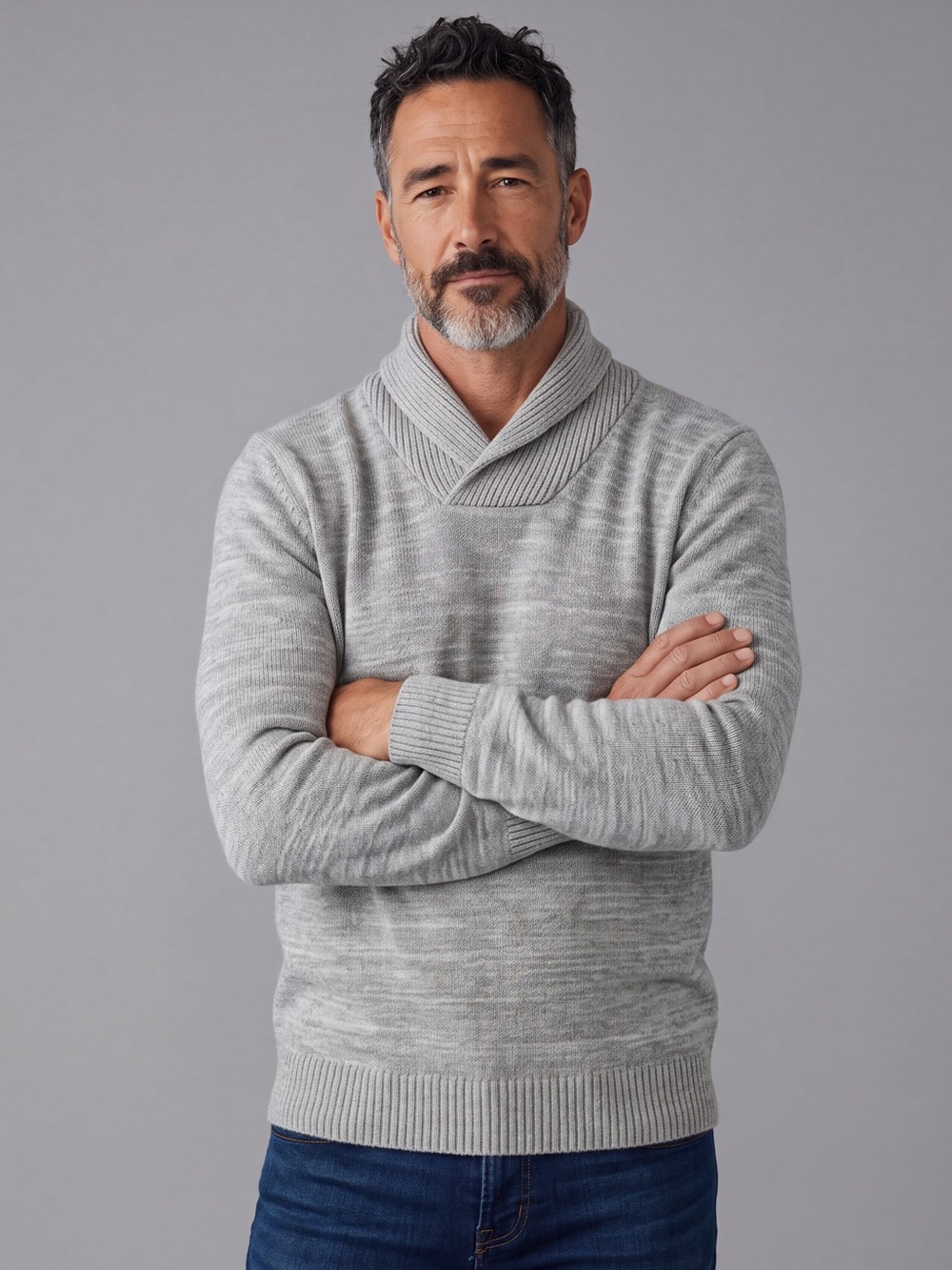 Sun + Stone Light Gray Shawl Collar V-Neck Sweater